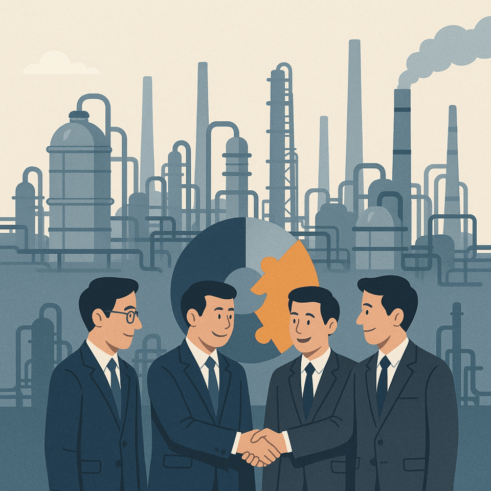 롯데케미칼과 HD현대그룹은 충남 대산단지 내 NCC 설비의 통합 운영을 두고 논의하면서 석유화학업계의 구조조정이 가시화할 전망이다./인공지능 이미지 생성