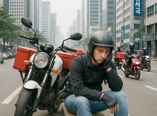 자영업자를 보호하려던 정책이 오히려 '을 중에서도 더 약한 을'인 배달 기사들에게 피해를 전가하는 결과를 낳았다는 지적이 나오고 있다./인공지능 생성 이미지