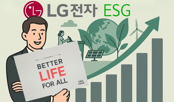 LG전자는 국내외 사업장의 폐기물 재활용률이 지난해 97.4%에 달하는 등 일부 ESG성과를 5년 조기 달성했다./인공지능생성 이미지, 그래픽=그린포스트코리아