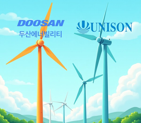 국내 해상풍력 터빈 개발의 양대 축인 유니슨과 두산에너빌리티가 전략적 파트너십을 구축했다./인공지능 생성 이미지, 그래픽=그린포스트코리아