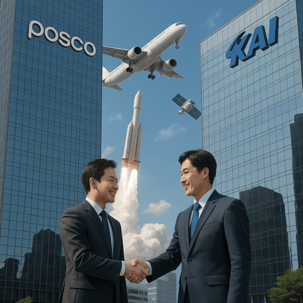 서울 강남구 테헤란로에서 한국 미래산업의 새로운 전환점이 만들어지고 있다. 포스코센터와 한국항공우주산업(KAI)은 서울사무소를 중심으로 전통 제조업과 첨단 항공우주산업이 만나 전례 없는 시너지를 창출하고 있다./인공지능 생성 이미지