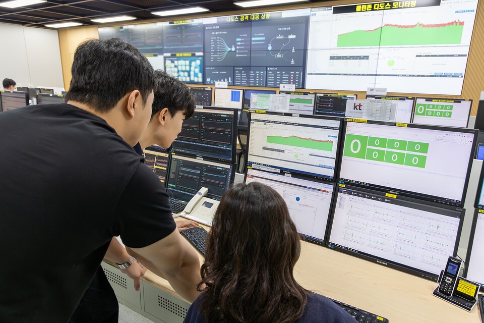 경기도 과천시 KT 네트워크 관제센터에서 KT 직원들이 정보보안 현황을 모니터링하고 있는 모습./ KT 제공
