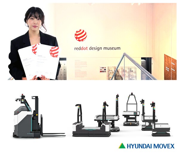 (위) 지난 8일(현지시간) 독일 에센에서 열린 국제 디자인 공모전 ‘레드닷 디자인 어워드 2025’에 참석한 이나윤 현대무벡스 매니저. 현대무벡스는 레드닷 어워드 제품 부문 본상을 수상했다, (아래좌) 현대무벡스의 ‘포크형AGV’, (아래우) 현대무벡스의 ‘플랫바디형 AGV’./사진=현대무벡스