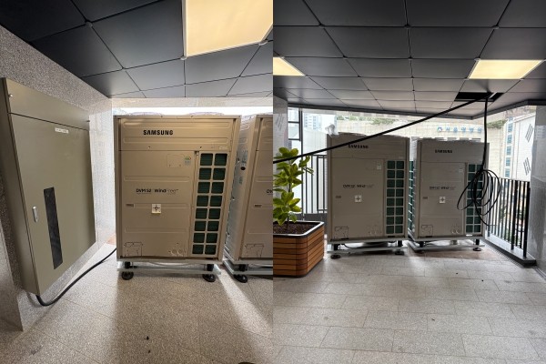 4층에 설치된 에어컨 실외기들 ./ 장은진 기자