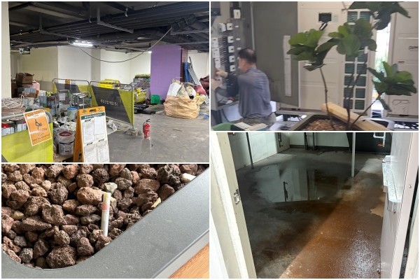 공용부 구간 곳곳에 공사 작업 후 방치된 자재들이 널부러져 있을 뿐만 아니라 소방실에는 여전히 누수자국이 남아있다./ 장은진 기자