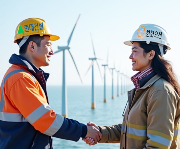 현대건설과 한화오션이 손잡고 국내 해상풍력 시장 공략에 나선다./인공지능 생성 이미지, 그래픽=그린포스트코리아