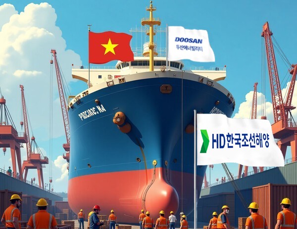 HD현대의 조선 부문 중간지주사인 HD한국조선해양이 두산에너빌리티로부터 베트남 법인 ‘두산비나’를 2900억원에 인수한다./그린포스트코리아 그래픽, 인공지능 생성 이미지