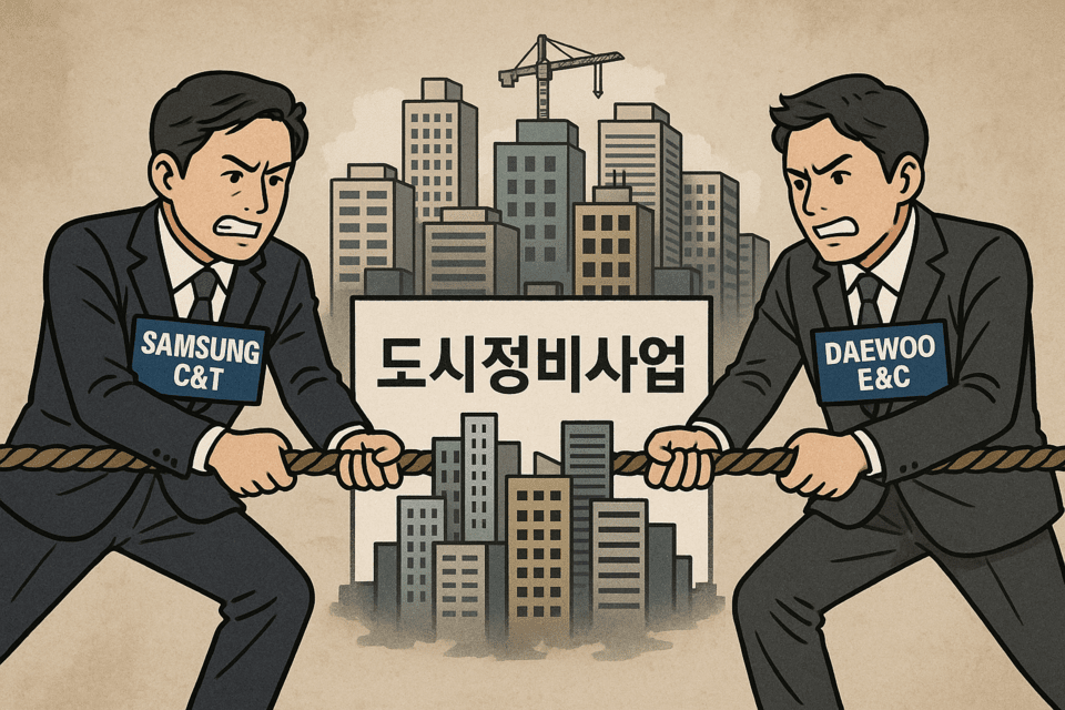 서울 강남구 개포우성7차 아파트 재건축 시공을 두고 시공능력평가 1위 삼성물산과 3위 대우건설이 표심을 모으기 위한 조건을 제시하고 있다./인공지능 이미지 생성