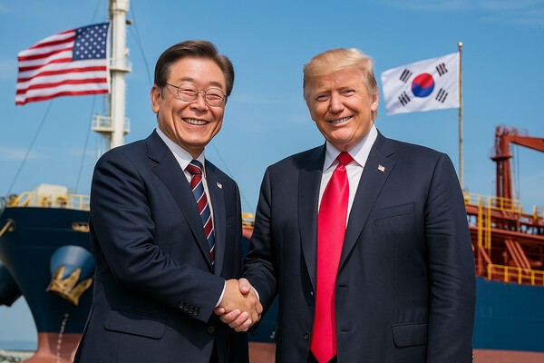 도날드 트럼프 대통령이 지난 1998년 한국을 방문해 한화오션(옛 대우조선해양) 옥포조선소에서 깊은 인상을 받았던 경험이 이번 한미정상회담을 매끄럽게 이끌었다는 해석이 나온다./인공지능 생성 이미지