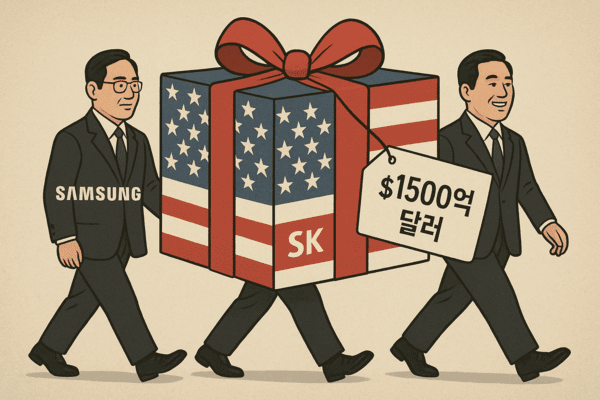 이재용 삼성전자 회장, 최태원 SK그룹 회장, 정의선 현대차그룹 회장 등 주요 그룹 수장들이 이재명 대통령의 미국 순방에 맞춰 총 1500억달러(약 208조원) 규모의 투자 카드를 꺼내 들었다./인공지능 생성 이미지