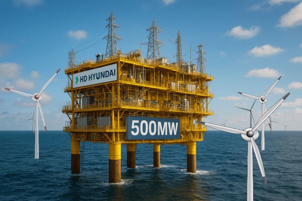 HD현대중공업이 자체 개발한 500매가와트(MW)급 해상변전소로 글로벌 해상풍력 시장 공략에 본격 나선다./인공지능 생성 이미지, 그래픽=그린포스트코리아