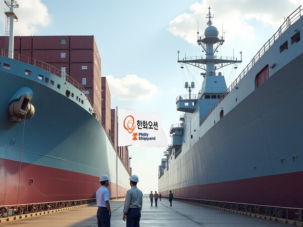 한화오션이 7000만달러(975억원)를 투입키로 한 미국 필리조선소가 상업용 선박과 해군 함정을 모두 만드는 '민군(民軍)융합' 거점으로 탈바꿈할 것으로 예상된다./그래픽=그린포스트코리아, 이미지=인공지능