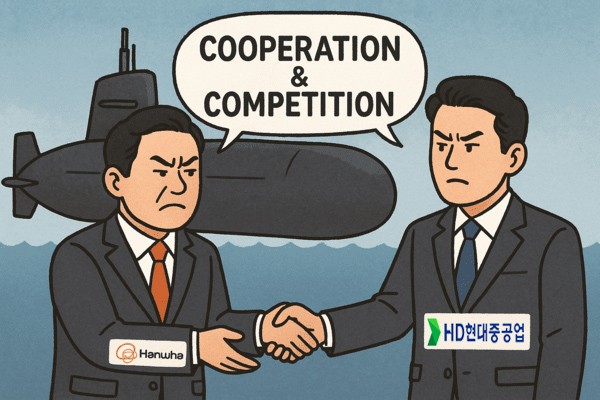 김동관 한화그룹 부회장과 정기선 HD현대 수석부회장은 재계에서 ‘절친’으로 통한다. 하지만 이들이 이끄는 한화오션과 HD현대중공업의 현실은 정반대다./인공지능 생성 이미지