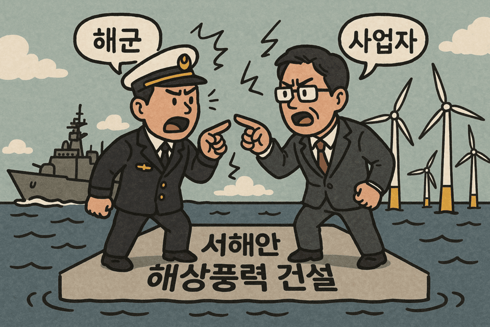 정부의 역점 사업인 서해안 해상풍력단지 건설을 두고 국방부와 업계 간 이견이 심화되고 있다./인공지능 이미지 생성