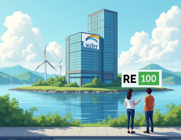 한국수자원공사(K-water)가 국내 공기업 최초로 RE100(Renewable Electricity 100%) 달성이라는 쾌거를 이뤘다./그래픽=그린포스트코리아, 이미지=인공지능