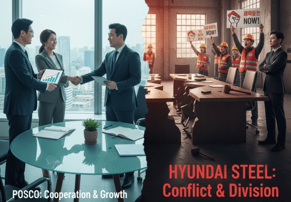 국내 철강업계 양대 축인 포스코와 현대제철의 노사관계가 정반대 행보를 보이고 있다./인공지능 생성 이미지