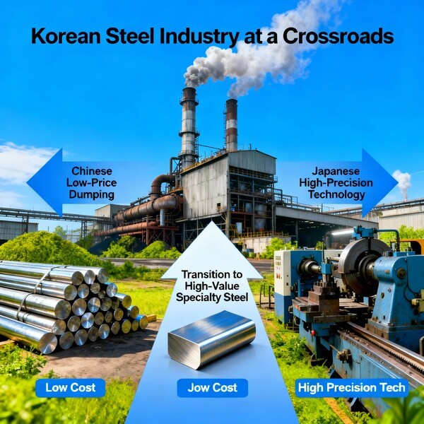 한국 철강산업이 전례 없는 위기에 처했다. 포항제철소가 창립 51년 만에 처음으로 적자를 기록한 소식은 산업 전반의 위기 상황을 보여준다. 중국의 무차별 저가 공세와 일본의 초정밀 기술 추격이라는 이중 압박 속에서 국내 철강업계는 존폐의 기로에 서 있다./인공지능 생성 이미지