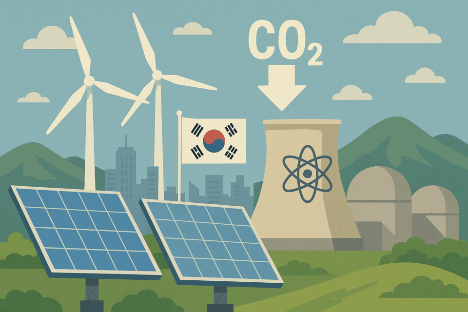 정부가 재생에너지와 원전을 주축으로 2035년까지 전력 부문의 온실가스 배출량을 2018년 대비 최소 68%에서 최대 79%까지 줄이겠다는 계획을 내놨다./인공지능 이미지 생성