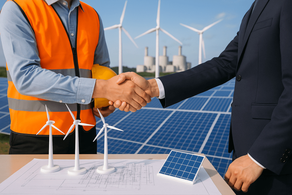 국내 건설업계가 태양광·그린수소 등 신재생에너지 분야에 집중하면서 발전공기업과 협력하는 사례가 늘어나고 있다./인공지능 이미지 생성