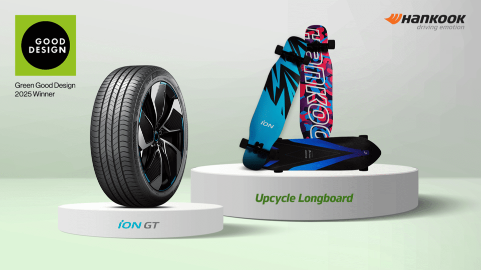 ‘2025 그린 굿 디자인 지속가능성 어워드'에서 본상을 수상한 전기차 전용 타이어 ‘아이온 GT(iON GT)’와 업사이클링 프로젝트 '리무브(re:move)'의 성과물 ‘업사이클 롱보드’. /한국타이어앤테크놀로지 제공