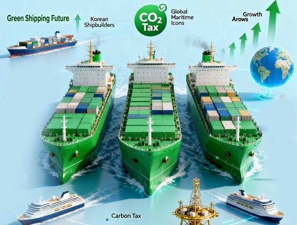 국제해사기구(IMO)가 2025년 4월 해운업계 첫 탄소세 도입을 승인하면서 HD현대, 한화오션, 삼성중공업으로 대표되는 K조선 3사가 친환경 선박 수주 특수를 누릴 것이라는 기대감이 커지고 있다./인공지능 생성 이미지