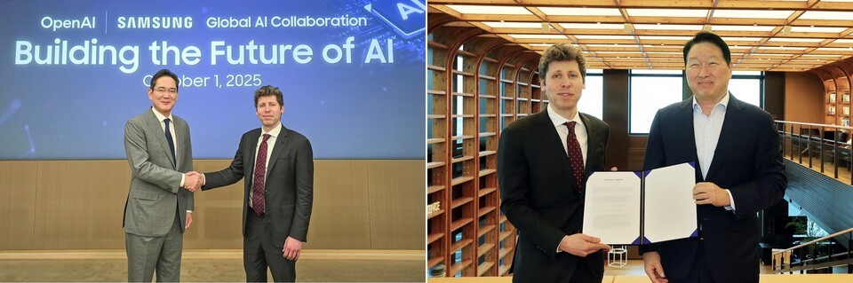 지난 1일 샘 올트먼 오픈 AI CEO를 만나 상호협력 의향서를 체결한 이재용 삼성전자 회장(좌)과 최태원 SK그룹 회장(우). /각 사 제공