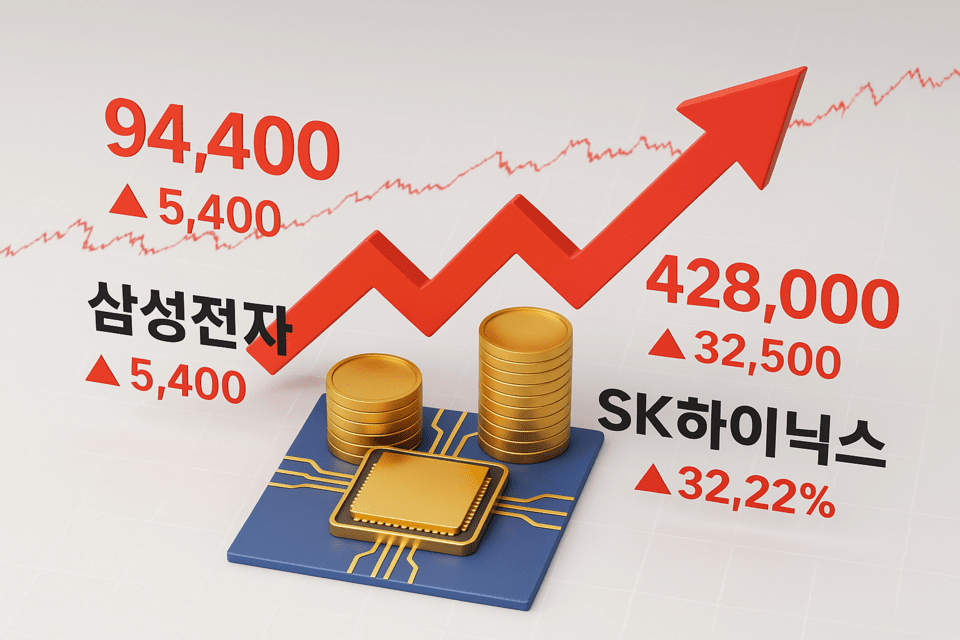 10일 한국거래소에 따르면 삼성전자는 이날 전 거래일 대비 6.07% 오른 9만4400원에 거래를 마쳤다. SK하이닉스도 이날 8.22% 급등한 42만8000원에 마감하며 사상 첫 시총 300조 원대를 돌파했다. /인공지능(AI) 생성 이미지