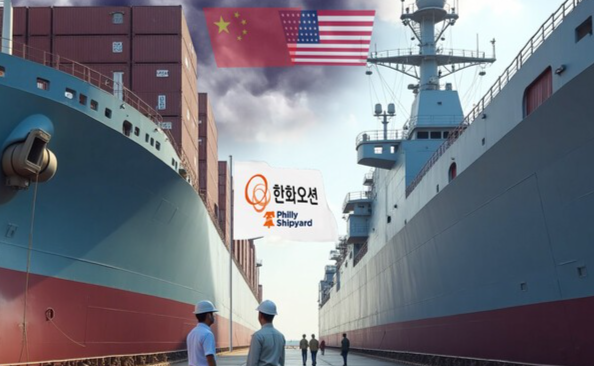 미중 무역전쟁이 해운·조선 분야까지 확산되면서 한국 기업이 직격탄을 맞게 됐다./그래픽=그린포스트코리아, 이미지=인공지능 