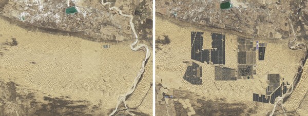 왼쪽은 2017년 중국 쿠부치 사막. 오른쪽은 2024년 중국 쿠부치 사막의 태양광 패널./NASA 자료사진