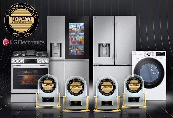 미국 시장조사기관 ‘JD 파워’가 발표한 ‘2025 가전제품 소비자 만족도 평가’에서 ▲프렌치도어 냉장고 ▲양문형 냉장고 ▲건조기 ▲레인지 총 4개 부문에서 1위로 선정된 LG전자. /LG전자 제공
