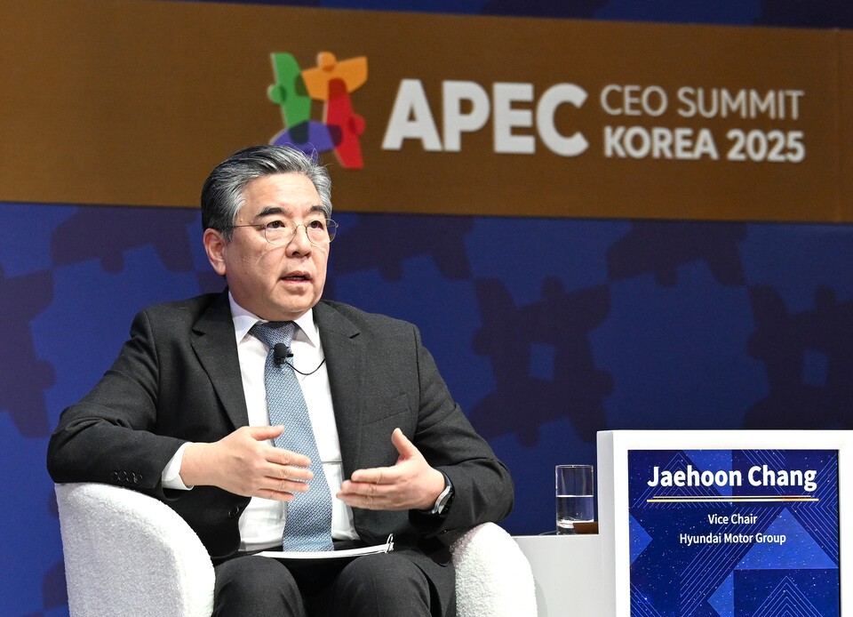 APEC CEO 서밋 수소 세션에서 수소경제를 위한 현대자동차그룹의 비전과 노력을 설명한 장재훈 현대차그룹 부회장. /현대자동차그룹 제공