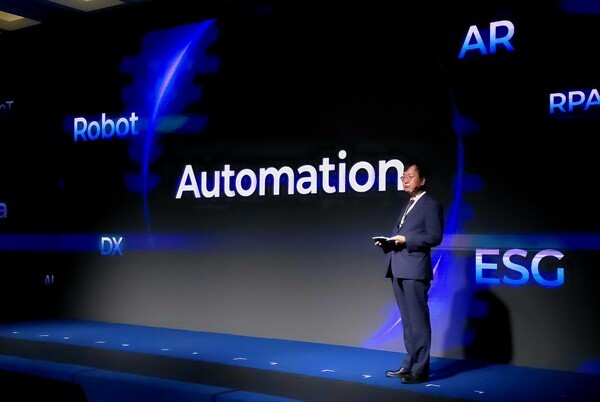 최성안 삼성중공업 대표이사(부회장)가 지난달 29일 삼성거제호텔에서 열린 'Auto2Vision' 행사에서 설계·생산자동화 비전을 설명하고 있다./사진=삼성중공업