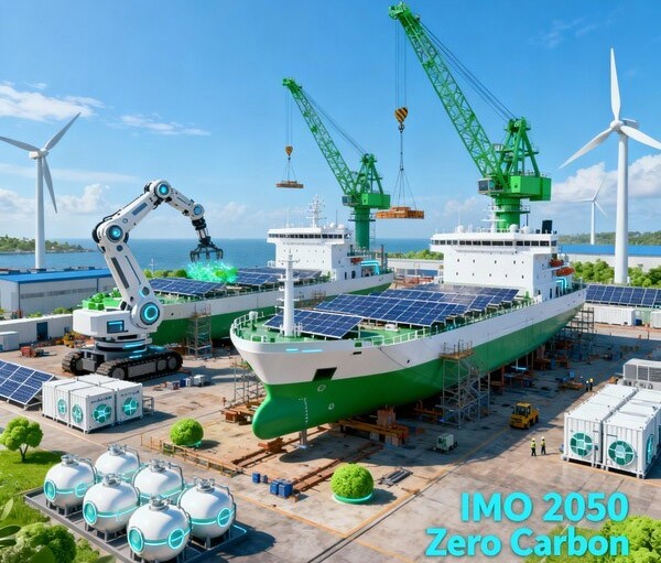 국제해사기구(IMO)가 2050년 해운업 탄소 순배출 제로를 선언하면서 조선업계에 지각변동이 일고 있다./인공지능 생성 이미지