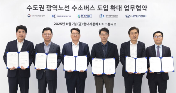 7일 '수도권 광역 노선 수소버스 도입 확대를 위한 업무협약'을 체결한 (왼쪽부터)송성호 하이넷 대표이사, 김승찬  현대차 국내판매사업부장 전무, 오정민 K1 모빌리티 전무, 서영태 기후에너지환경부  녹색전환정책관, 정종선 한국자동차환경협회 협회장, 신승규 현대차 에너지&수소정책담당  전무. /현대자동차 제공