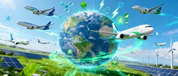 글로벌 항공업계의 탄소 감축 경쟁이 본격화되고 있다. 전 세계 탄소 배출의 2~3%를 차지하는 항공산업이 오는 2050년 탄소중립 달성을 목표로 탈탄소 기술 상용화 속도를 높이고 있다./인공지능 생성 이미지