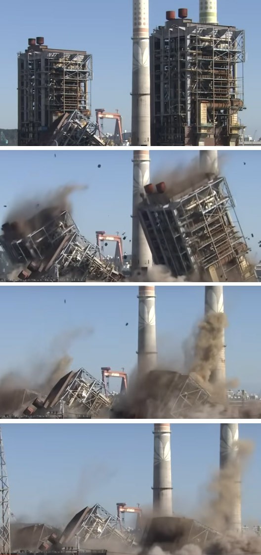 울산 화력발전소 보일러 타워 4호기와 6호기가 11일 정오 폭파되고 있다./TV화면 캡처