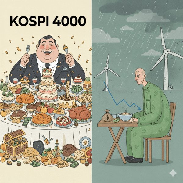 코스피가 4000선을 돌파하며 사상 최고치 행진을 이어갔지만, 기후·에너지 관련주로의 수혜 확산은 제한적인 것으로 나타났다./인공지능 생성 이미지