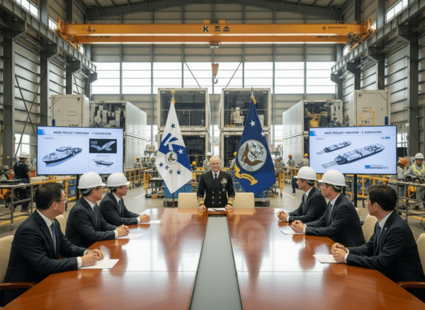 대럴 커들 미국 해군참모총장이 지난 15일 HD현대중공업과 한화오션을 잇따라 방문하며 한미 조선 협력이 새로운 국면에 들어섰다./인공지능 생성이미지