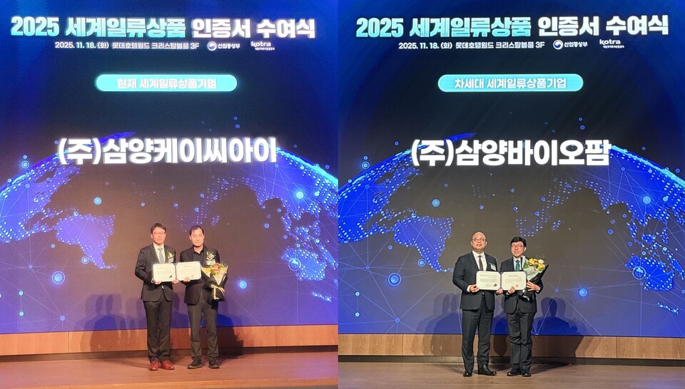 삼양KCI와 삼양바이오팜이 ‘2025년 세계일류상품 인증서 수여식’에서세계일류상품 인증서를 받았다./삼양그룹