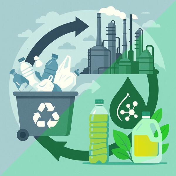 폐플라스틱으로 환경 부담이 커지는 가운데 버려지는 플라스틱을 다시 쓰는 기술과 열분해를 통한 순환경제에 대한 관심이 쏠리고 있다./인공지능 이미지 생성